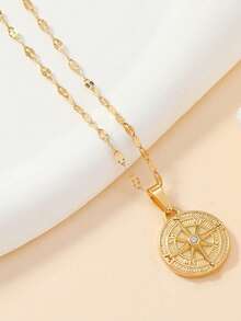 1pc Fashionable Women's Compass Pendant Necklace, Stainless Steel Gold Chain Necklace, Retro Cool Style, Suitable For Daily Wear, Couple Gift