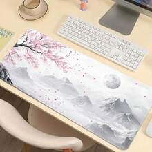 Mousepad extra grande com estampa de montanha nevada e flor de cerejeira, lavável, base de borracha antiderrapante, borda costurada, ideal para presentear, protetor de mesa, apoio para estudos, diversos tamanhos disponíveis, apoio para teclado de computador, apoio para laptop, acessório de escritório, material de escritório