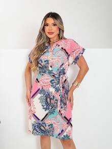 Dress In All-Over Leaf Print Fabric With Belt, Button At The Front, Party Wedding Spring Summer - 淺粉色 - 查看 9