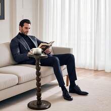 طاولة جانبية على شكل قرع خشبية، طاولة قهوة عتيقة، طاولة كنبة، مناسبة للغرفة المعيشية والنوم والمكتب، باللون الأسود، طاولة خارجية متحركة