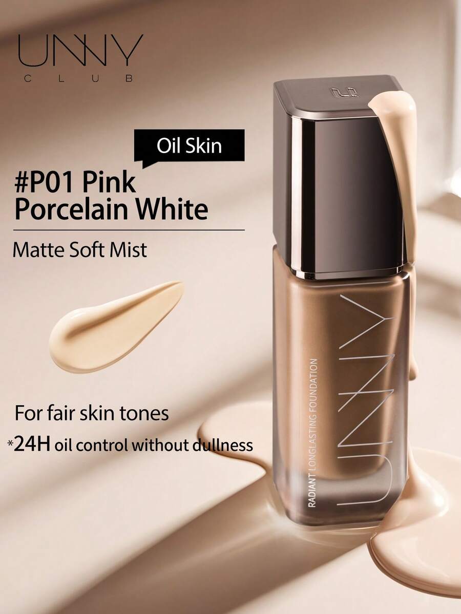 unny club 30克持久全效哑光粉底液，专为油性肌肤设计，控油，打造无瑕妆容，隐形毛孔，适合运动，防汗防水，哑光妆效，12小时控油，瓷白色 - P01粉瓷白-油皮 - 查看 1