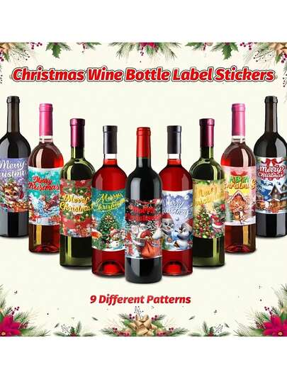 9 件节日酒瓶标签、圣诞派对酒瓶和杯子装饰贴纸、自粘贴纸、圣诞老人和雪人主题纸贴纸、节日派对装饰、圣诞快乐装饰标签、瓶标、有趣的设计，适用于圣诞节、新年、情人节和其他节日礼物、餐桌布置、酒瓶和花卉主题装饰。
