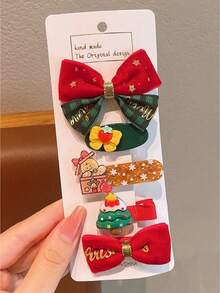 5pcs Kids Cute Cartoon Bowknot Side Clip Hair Accessories, Fashionable Hairpin For Christmas Party, Girls