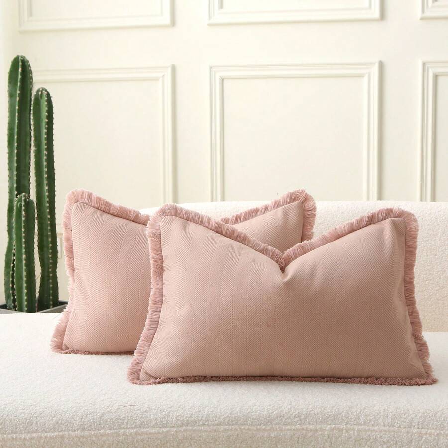 1 vỏ gối tua rua xương cá màu hồng, gối trang trí mềm mại và thoải mái cho ghế sofa, giường, ghế, nhà, phong cách trang trại