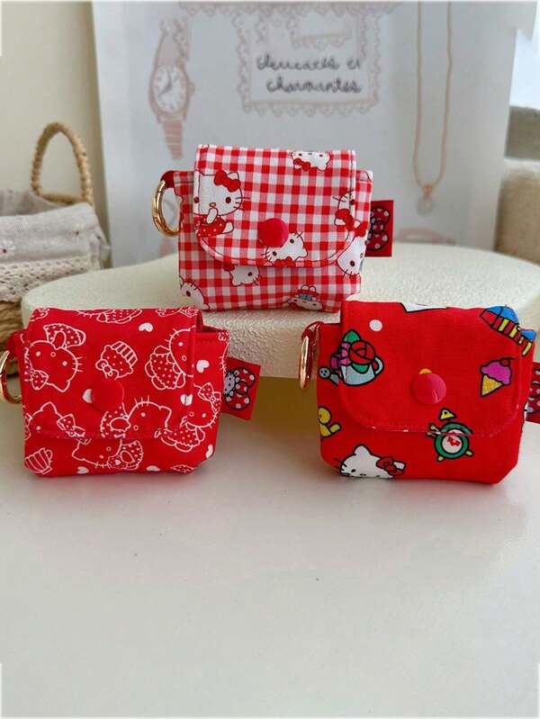 Sanrio 1 قطعة محفظة صغيرة لتخزين العملات مع سلسلة مفاتيح وتعليق للزينة بشكل كيتي الكيوت من سانريو، هدية محفظة مع حجيرة لسماعات الرأس