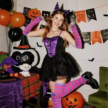 Tongcloud Women's Striped Knee High Socks, Over Knee Thigh High Socks, Arm Warmer And Fingerless Gloves SetHalloween Christmas New Year - 玫紅色和紫色 - 查看 5