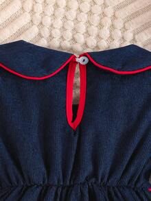 女婴休闲可爱樱桃刺绣蝴蝶结领长袖连衣裙，秋冬款 - 寶藍色 - 查看 4