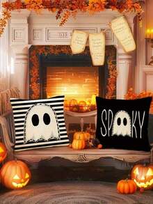 4pcs/1pc Halloween Party Decoration Pillow Cover, Ghost And Spider Web Design, 18*18 Inches Soft Polyester With Zipper Closure, Suitable For Living Room, Room, Sofa And Bedroom (Filling Not Included) Perfect For Halloween Decor, Halloween Decorations, Fall Decor