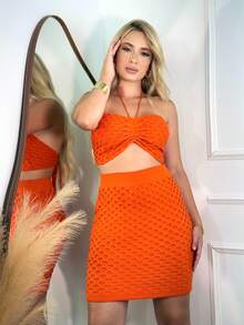 Women's Modal Scale Knit Set Versatile Top Tie And Short Skirt For Beach Summer Outing One Size Elastic. - Orange1 - View 2
