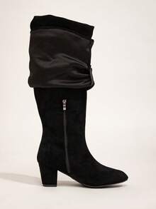 Women's Fashion Wide Width Faux Suede Tall Boots, Holiday Vacation Atmosphere, Fold-Down Shaft, Chunky Heel Knee-High Boots With Shark Buckle Decor, Sexy Outdoor High Heel Tall Boots, Wide Width Black Boots, High Heels - Black Cloth Folds - View 9