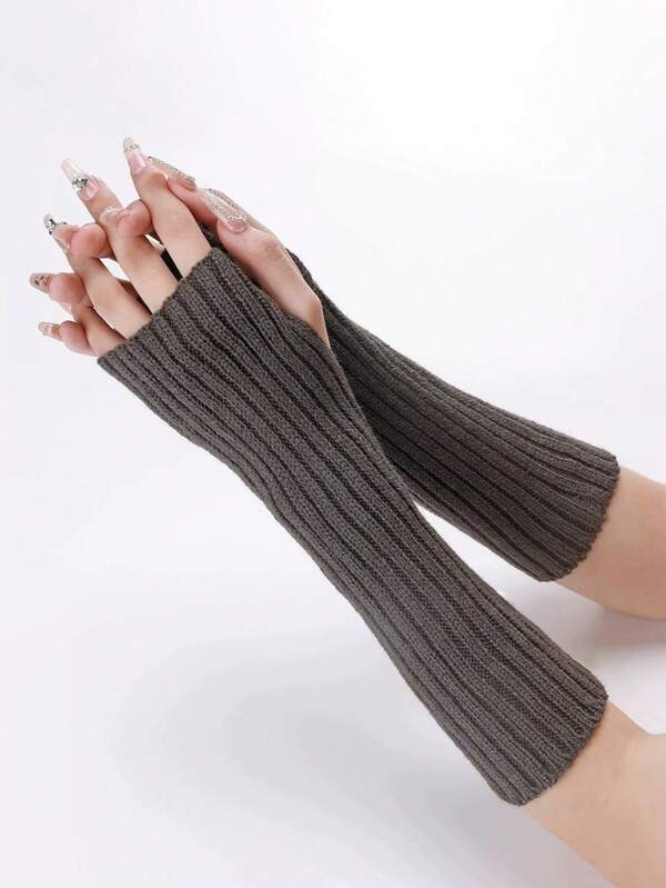 1 Pair Y2K Style Dark Grey Striped Long Knitted Gloves, Autumn/Winter