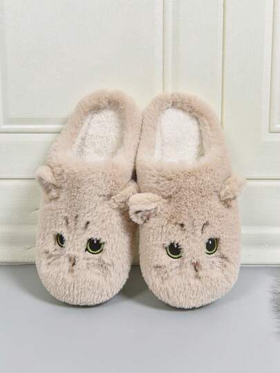 Women's Autumn/Winter Anti-Slip Fluffy Cartoon Cat Indoor Slippers, Warm Thick-Sole Khaki Home Slippers,Furry Shoes