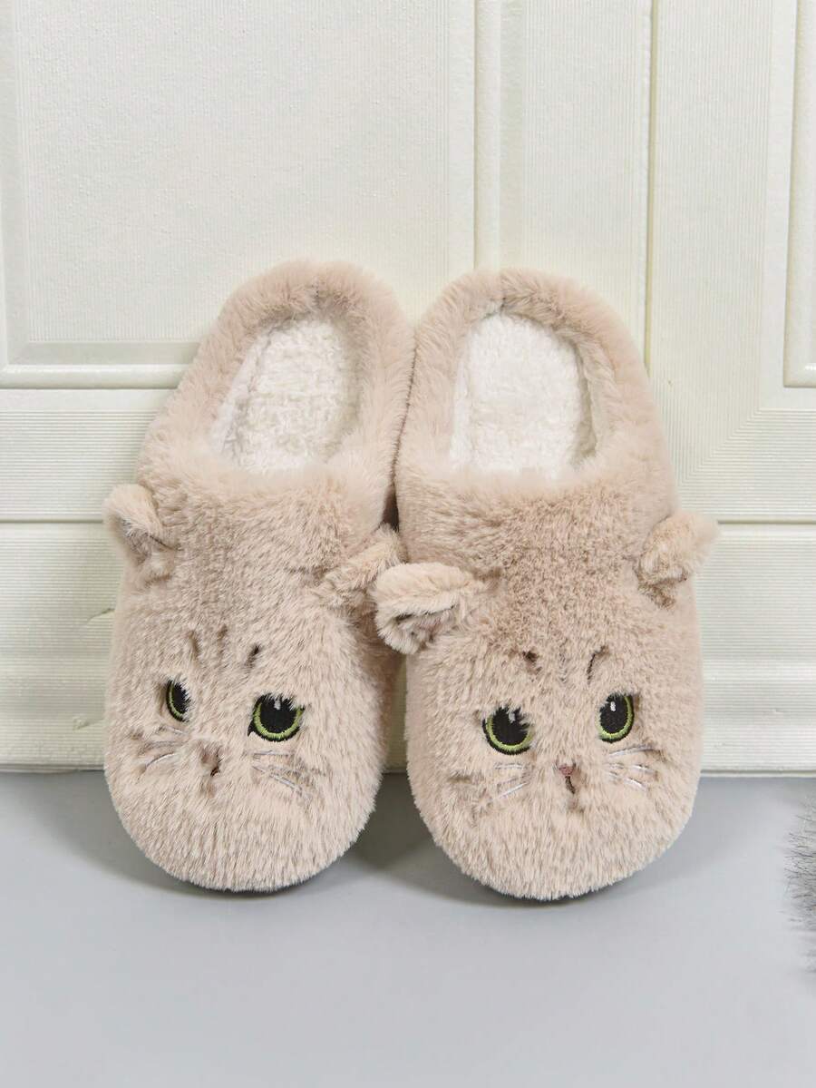 女士秋冬防滑毛绒卡通猫室内拖鞋，保暖厚底卡其色家居拖鞋，毛茸茸的鞋子