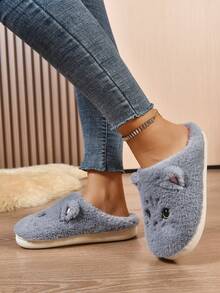 女士秋冬防滑毛绒拖鞋，可爱卡通猫咪设计，保暖厚底室内拖鞋，浅灰色，趣味拖鞋 - 淺灰色 - 查看 6