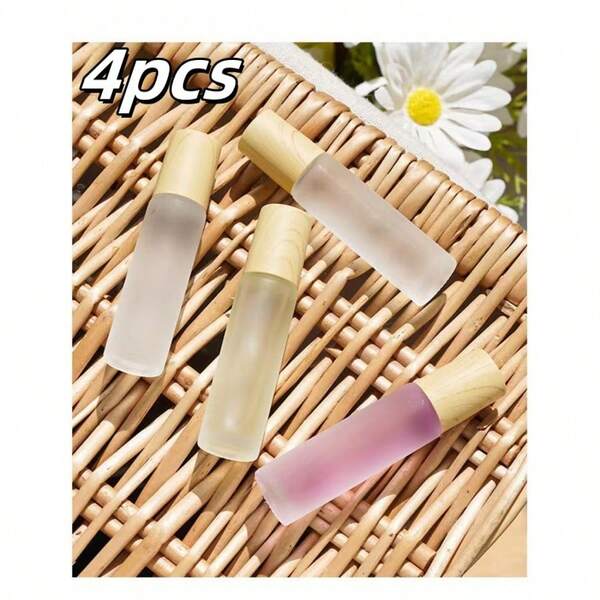 1pc/2pcs/4pcs Roll-On Glass Bottle 10ml (8.5cm/3.35inch*2cm/0.79inch), Precise Spiral Design, Rollerball Dispensing, Precise Application, More Precise Than Spray Bottles, Easy To Carry, Glass & ABS Plastic (ABS Resin) Rollerball Refillable Bottle (Minimalist Style) - Transparent, Wood Grain Detail, Metal Rollerball, Frosted Glass