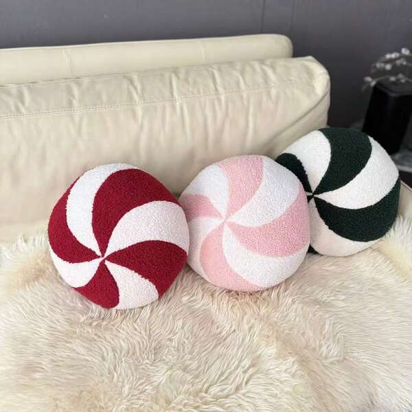 1pc Plush Cute Warm Red & White Candy Throw Pillow, Christmas Decor Cushion, Holiday Home Decor Pillow