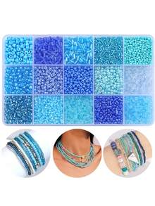 beadia Mix 15 Color Glass Seed Beads Tube Beads Glass Bugle Beads Loose Kit For Jewelry Making DIY Craft Beading (Blue) - Blue - View 2