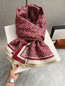 FADZOYLE 1条字母几何图案提花围巾，保暖时尚的羊毛混纺披肩，多功能颈部围巾，适合日常佩戴、优雅晚礼服、旅行、办公、婚礼和送礼。 - 酒紅色 - 查看 7