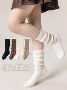 4 Pairs Girls Socks, Solid Color Casual Loose Style, Fashion, Breathable And Soft, Suitable For Daily Wear - Multicolor - View 10