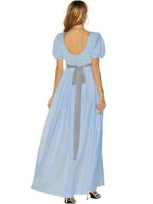 Victorian Style Tea Dress With Satin Belt, Vintage Ball Gown Costume With Square Neck And Puff Sleeves - Blue - View 2