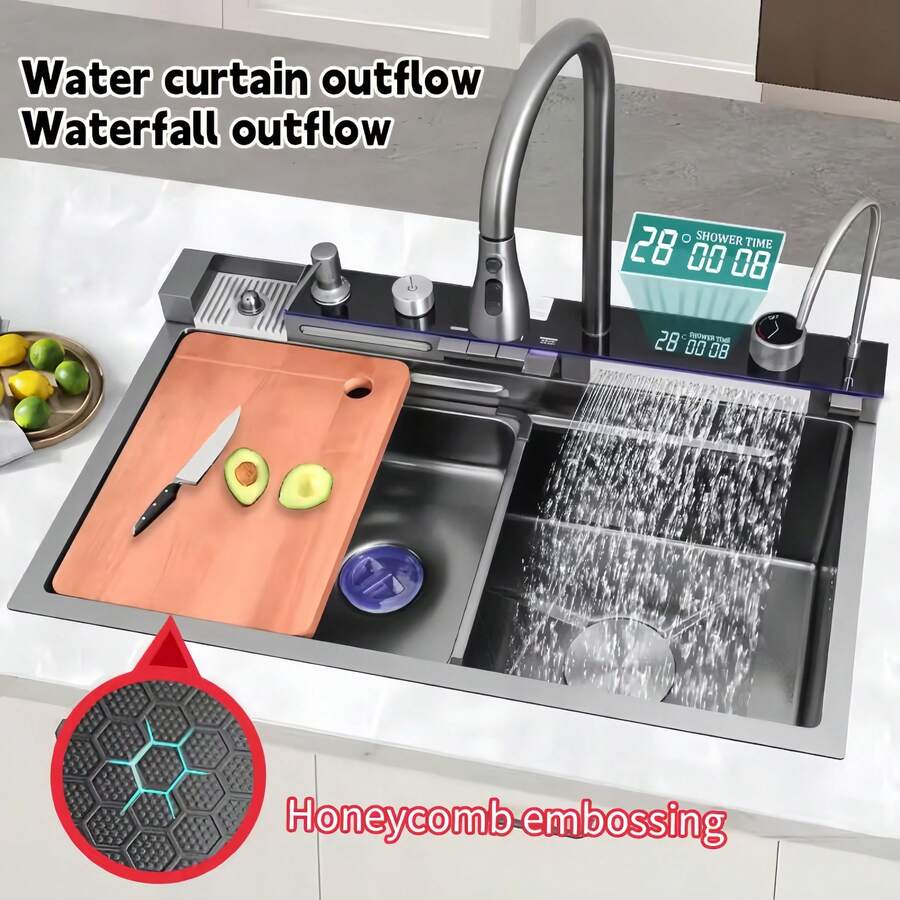 Cuixoc 31.49"X17.71" Kitchen Sink, Waterfall Stainless Steel Undermount Sink, Drop In Sink Single Bowl, With LED Digital Display Screen Handwheel Switch - 31.49"x17.71" - 查看 1