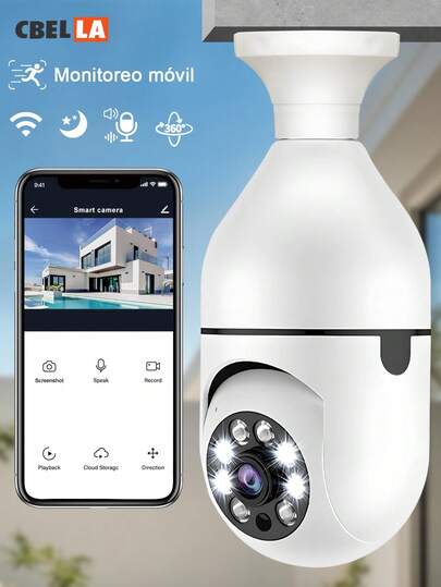 CasaBella Cámara de segur|dad con bombilla wifi 1080p, cámara de segur|dad con bombilla inalámbrica 1080p, cámara de segur|dad E27, visión nocturna en color, rotación de 360°, seguimiento automático de personas, comunicación bidireccional, hogar inteligente