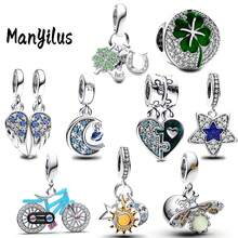 Manyilus Manyilus Original 1 Stück 925 Sterling Silber Anhänger Perle: Funkelnder Diamant Engelsflügel Anhänger, Mond und Planet Anhänger, Herz Puzzle Anhänger, Blauer Stern Charm Anhänger, Funkelnder Diamant Charm Vierblättriges Kleeblatt Perle, Vierblättriges Kleeblatt Hufeisen Liebe Anhänger, Funkelnder Blauer Fahrrad Perle