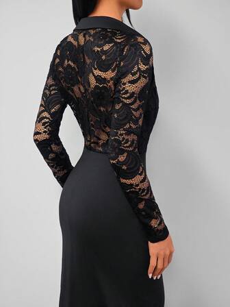 Elegant V-ringad spetsdesign Långärmad åtsittande klänning, vår-/sommarkläder, festklänning