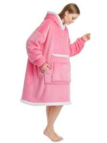 Short Style - Autumn/Winter Pullover Wearable Adult Flannel Hooded Sweatshirt, Polyester Double-Layer Hoodie Blanket, Warm & Comfortable Oversized Wearable Fleece Blanket Hoodie, Warm & Comfortable Oversized Fleece Blanket Hoodie With Sleeves And Giant Pockets