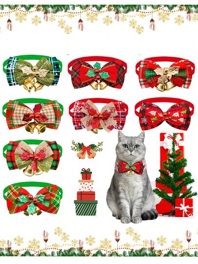 1件装圣诞双层宠物领结，可调节领结，经典圣诞红绿格子铃铛装饰，适合小型犬猫，精致舒适的宠物圣诞礼物