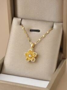1 件不锈钢 5 瓣旋转花项链，适合女性日常佩戴，女士金色项链，高品质 18K 金项链，女士珠宝项链，万圣节礼物，圣诞节礼物，女士配饰 - 黃色 - 查看 5