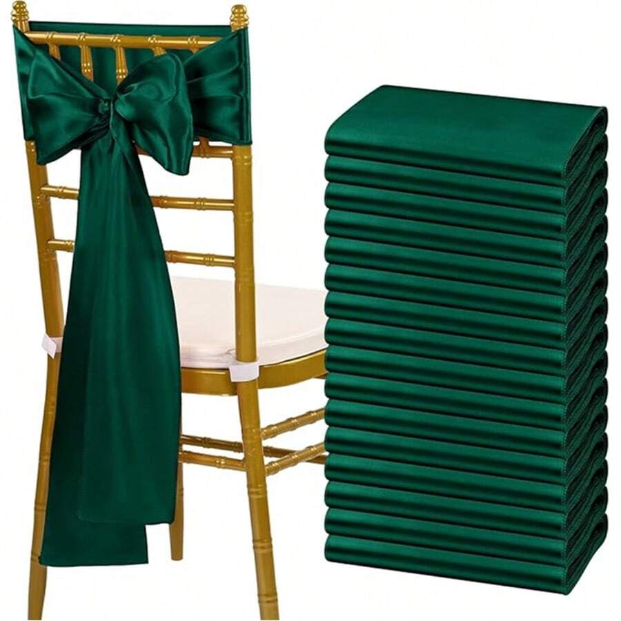 10pcs Dark Green Satin Chair Bow Sashes Wedding Chair Ribbon Bow Silk Chair Knot Ties For Reception Restaurant Event Banquet Party Hotel Decorations