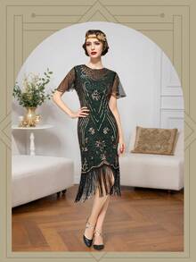 1920s Plus Size Flapper Dress Vintage Fringed Gatsby Sequin Beaded Tassels Gatsby Dress Party Prom Cocktail Dress - màu xanh lá - Xem 3