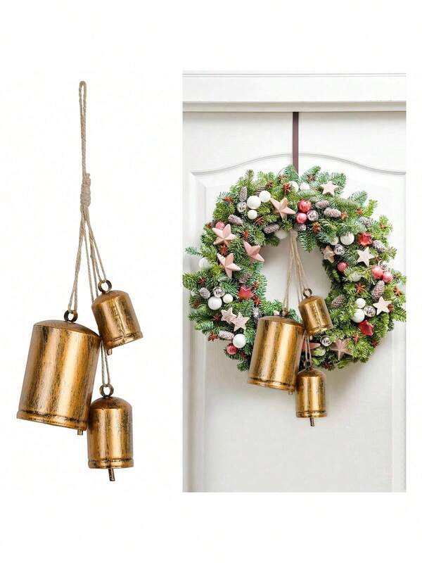 3 قطع مجموعة أجراس عيد الميلاد بطراز المزرعة للتعليق على الحائط - أجراس جرس قديمة بطراز ريفي للباب الأمامي، الحائط، رف المدفأة، شجرة عيد الميلاد ديكور عطلة ريفي