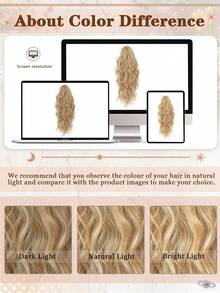 18英寸多层马尾接发，爪夹式马尾蓬松浓密水波纹假马尾假发，柔软自然，适合女性（金色挑染）接发 - 亞麻金 - 查看 9