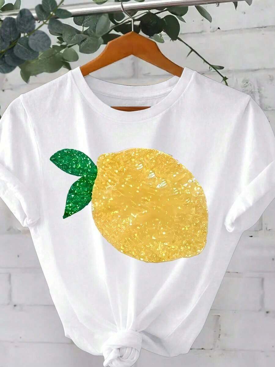 Women's Summer Letter Fruit Printed Round Neck Short Sleeve Casual T-Shirt LIMONCELLO LEMON LIQUEUR Refreshing And Delicious Graphic Tees Women Tops - 白色 - 查看 1