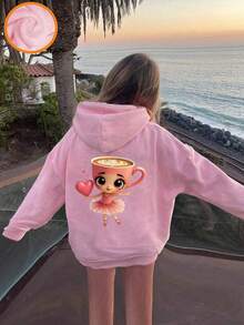 1件少女休闲印花套头卫衣，保暖内衬，长袖，秋冬季 - 粉色 - 查看 8