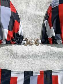 Damskie bikini z odkrytymi plecami i ramiączkami typu spaghetti, o wysokiej elastyczności, z geometrycznym nadrukiem i perłowymi zdobieniami, na co dzień, seksowne, plażowe, wakacyjne, letnie - Wielokolorowe - Zobacz 5