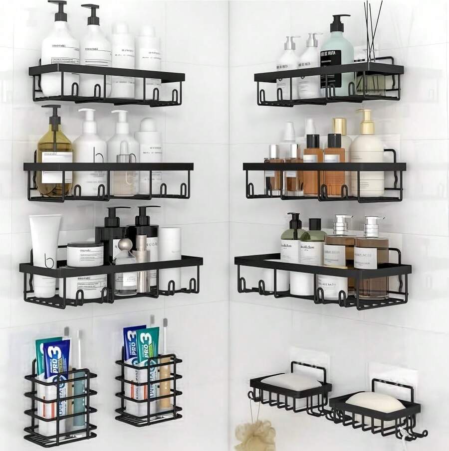 Bathroom Accessories 5-Pack Rust-Proof And Waterproof Shower Rack, No Drilling Required, Stick-On Storage Rack With Toothbrush And Soap Holder, Large-Capacity Storage Rack