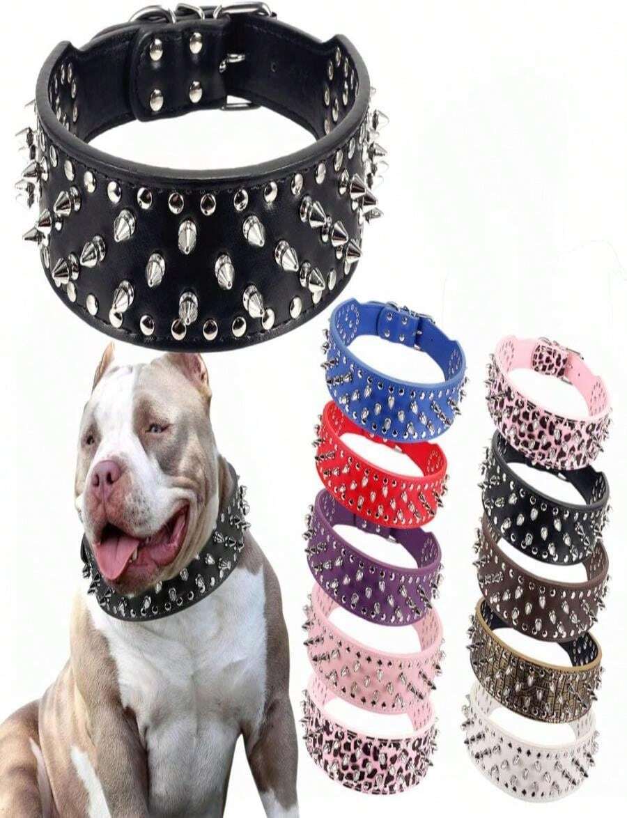 Hoot PU Leather Adjustable Spiked Studded Dog Collar 2" Wide 25 Spikes (XS(Neck 15"-18"), Black) - ColorA - 查看 1