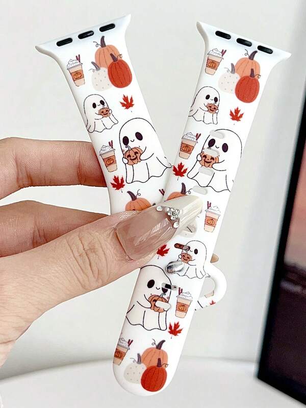 1 szt. Modny pasek silikonowy do zegarka z jesiennym duchem i dyniowym napojem, kompatybilny z paskiem do zegarka o szerokości 38 mm, 40 mm, 41 mm, 42 mm, 44 mm, 45 mm, 49 mm (S10 42) mm (S10 46) mm, Modne miękkie silikonowe paski do zegarków sportowych, kompatybilne z serią 11 Ultra 3 SE3 Ultra 2 S10 SE2 9 8 7 SE 6 5 4 3 2 1, Eleganckie akcesoria do zegarków damskich, Pasek/pasek do inteligentnego zegarka, Unikalny, spersonalizowany i stylowy pasek