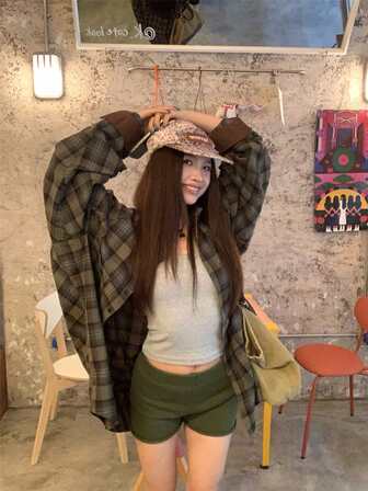 秋季新款复古格纹拼接蝙蝠袖宽松休闲长袖衬衫