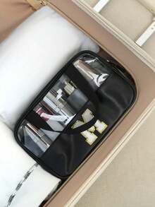 1个透明PU/PVC字母形防水旅行洗漱包，拉链化妆品收纳袋，带便捷提手的便携式化妆包 - 黑色 - 查看 6