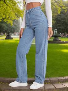 Jeans casuales de pierna recta y ajuste holgado para mujer con bolsillos , Pantalones De Pierna Recta De Mezclilla Lavada, Pantalones vaqueros diarios simples unicolor para mujer - Azul - Ver 4