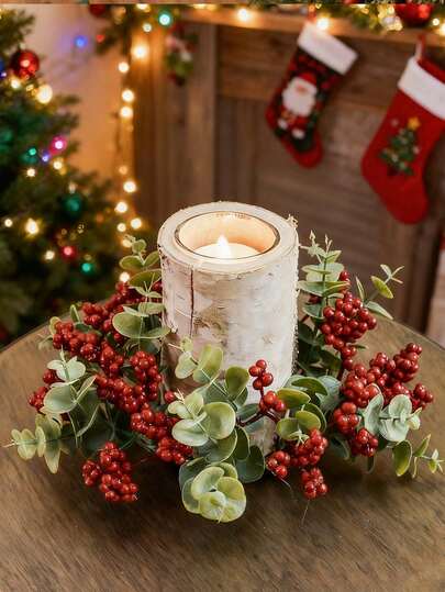 1件/2件人造植物圣诞蜡烛花环 - 饰以红色浆果和桉树植物图案，采用优质塑料植物环，是节日、庆典和活动、礼品盒、壁炉架、酒瓶、餐桌装饰、婚礼、派对、家庭办公室室内装饰的完美之选 | 冬季圣诞节生日装饰开斋节礼物。