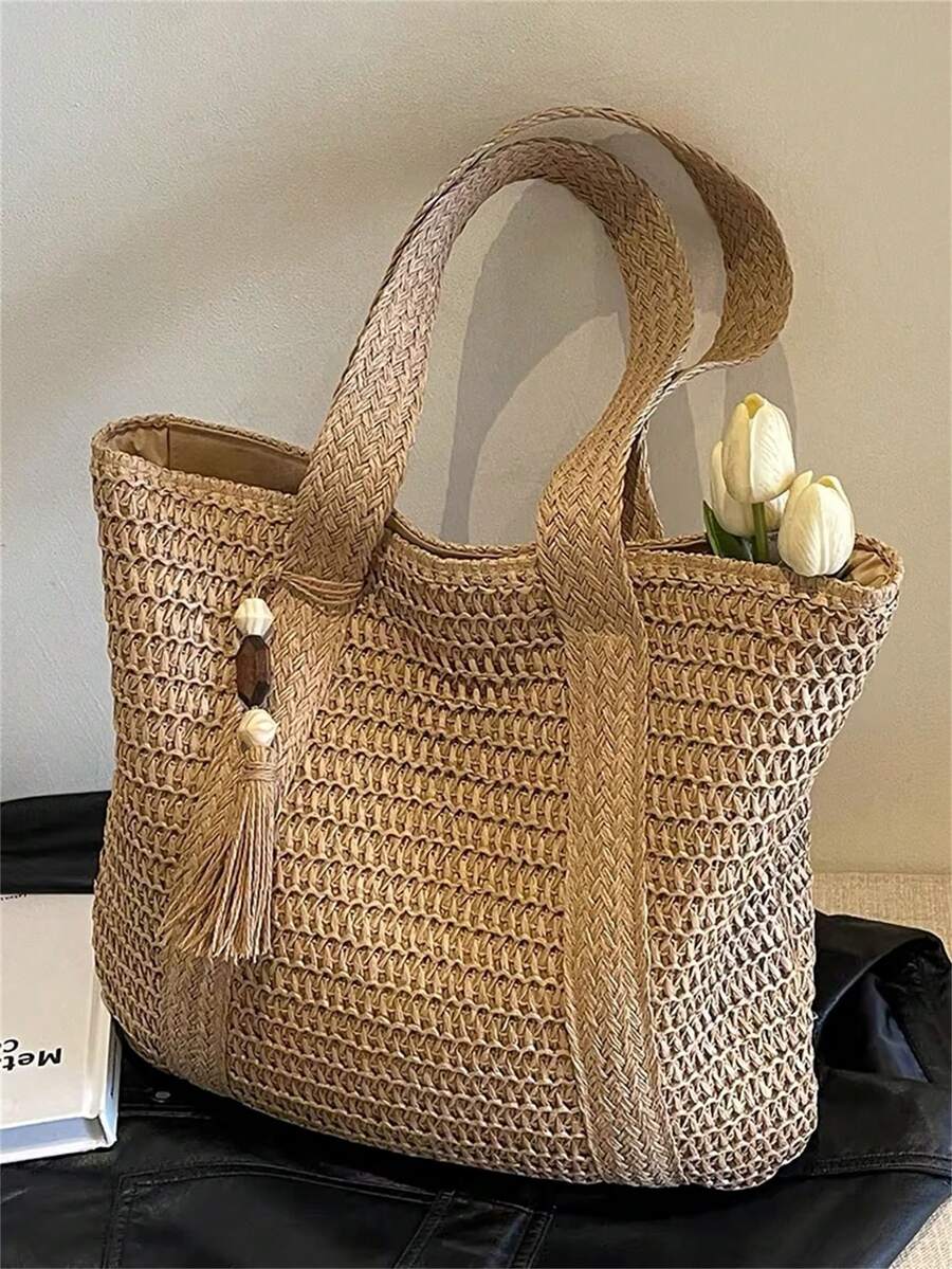 Baila Morena Tote Bag Beach Straw Bag Square Braided Checkered Striped Shoulder Bag Synthetic Leather Strap Zipper Closure Pendant Keychain Summer - màu nâu - Xem 1