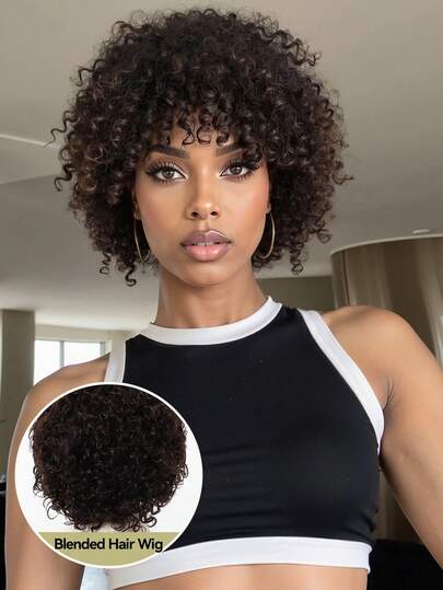 6 Inch Short Curly Hair Wig Blended Wigs A Mix Of Human Hair And Synthetic Human Frivolous Ordinary African Roll Suitable For Daily Party Festival And Cosplay Wigs For Women Hairstyle