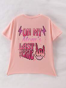 Girls Skull & Slogan Print Round Neck T-Shirt, Soft Casual Tee For Spring/Summer - Pink - View 6