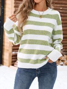 Women's Casual Loose Fit Contrast Color Striped Oversized Sweater, Autumn/Winter
