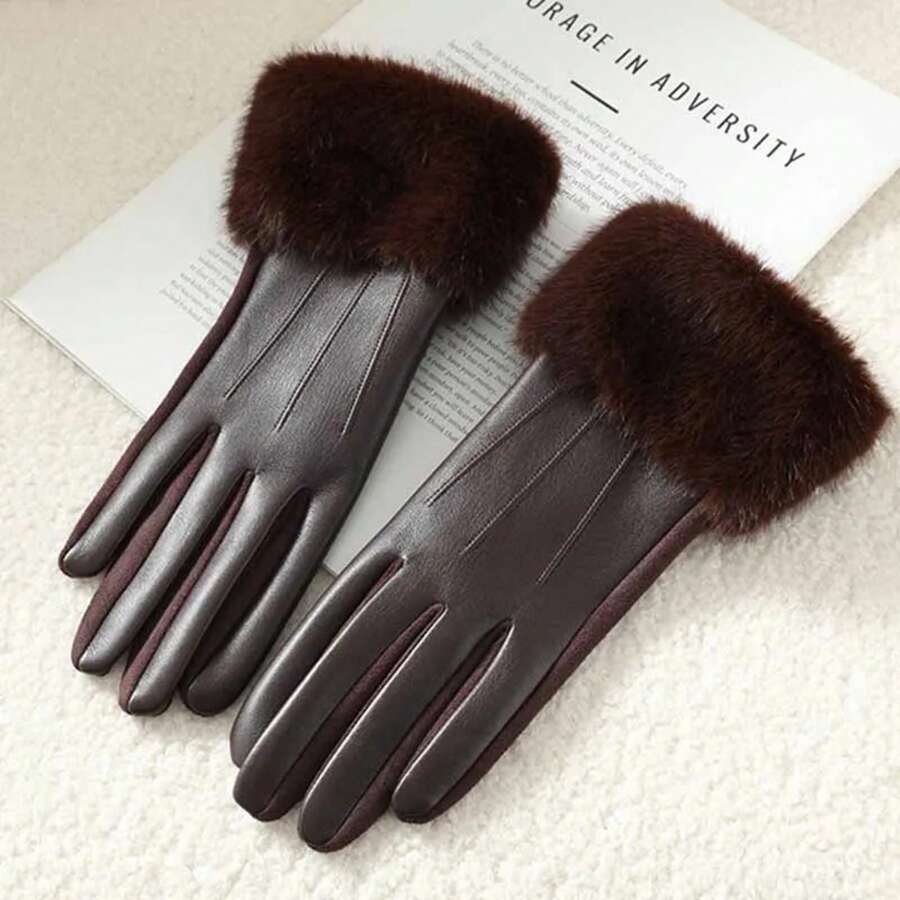 Winter Luxury Women's PU Leather Gloves Wrist Soft Faux Fur Trim Cuff Fashion Elegant Party Warm Touch Screen Drive Cycling - Brown - View 1